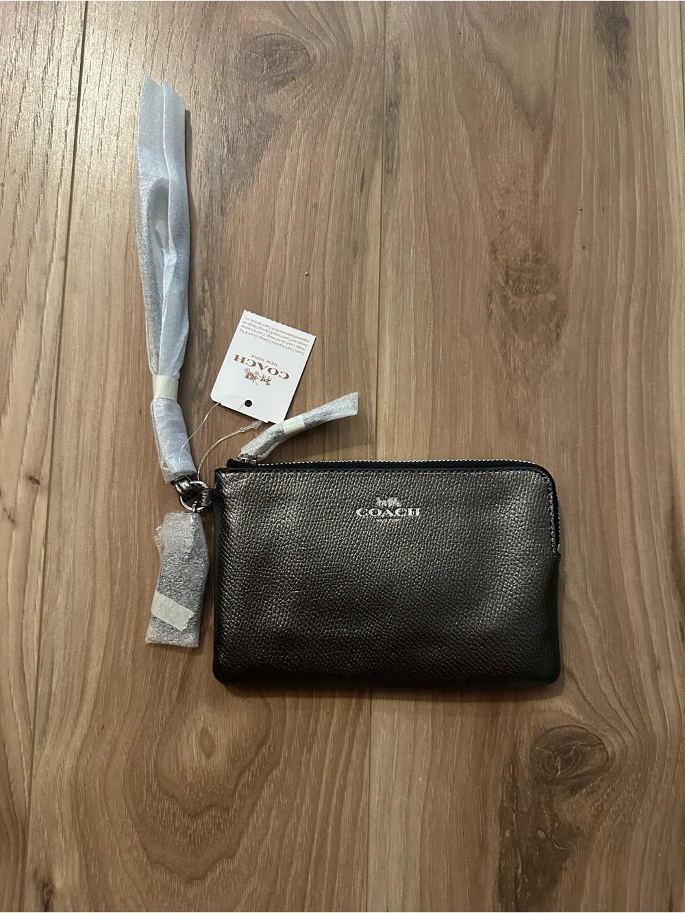 Coach Metallic Gray Leather Wristlet Pouch